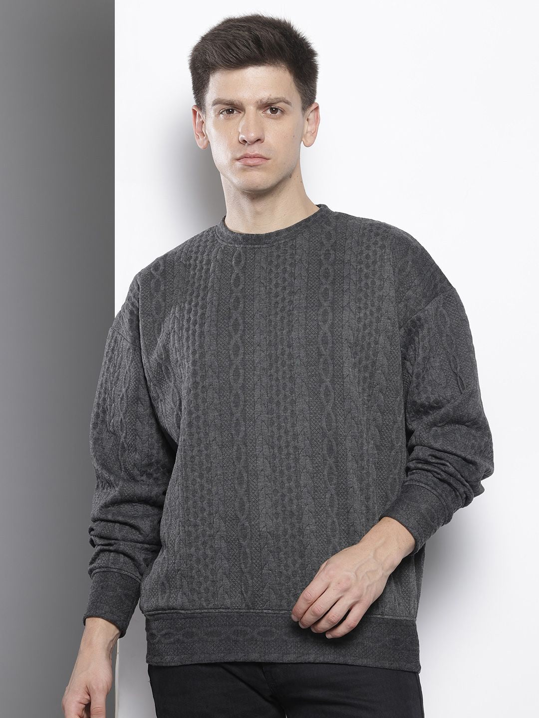 Men's Grey Oversized Fit Textured Casual Sweatshirt