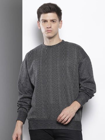 Men's Grey Oversized Fit Textured Casual Sweatshirt