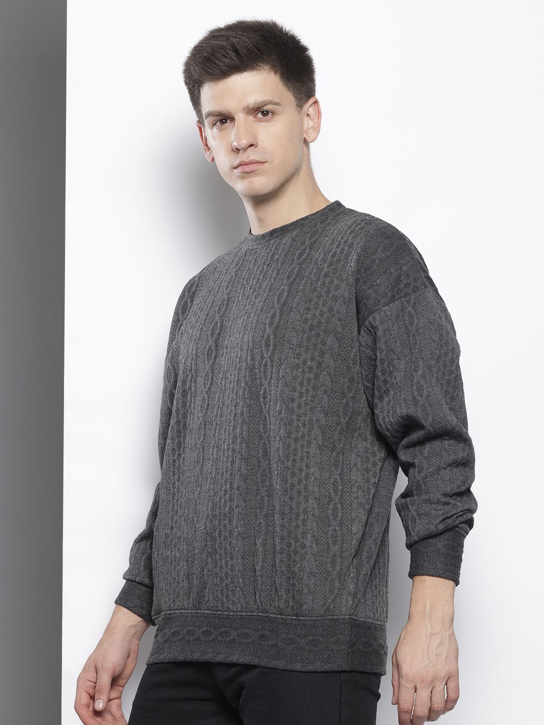 Men's Grey Oversized Fit Textured Casual Sweatshirt