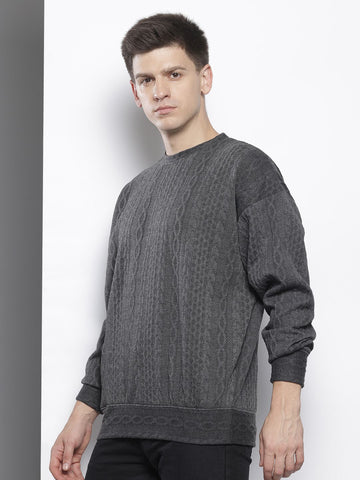 Men's Grey Oversized Fit Textured Casual Sweatshirt