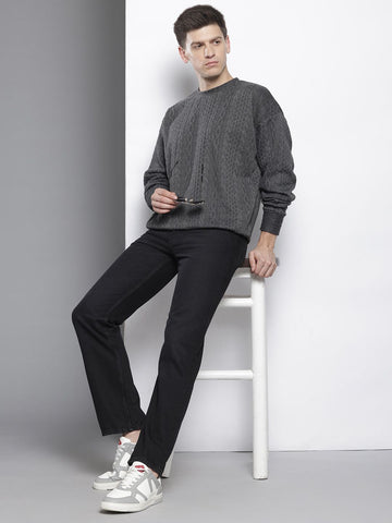 Men's Grey Oversized Fit Textured Casual Sweatshirt