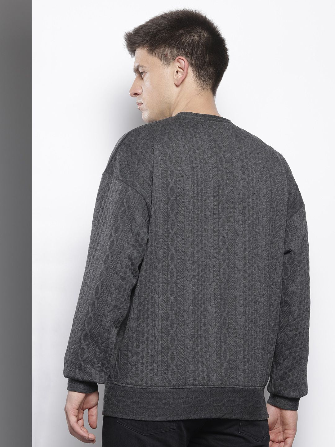 Men's Grey Oversized Fit Textured Casual Sweatshirt