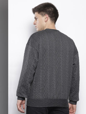Men's Grey Oversized Fit Textured Casual Sweatshirt