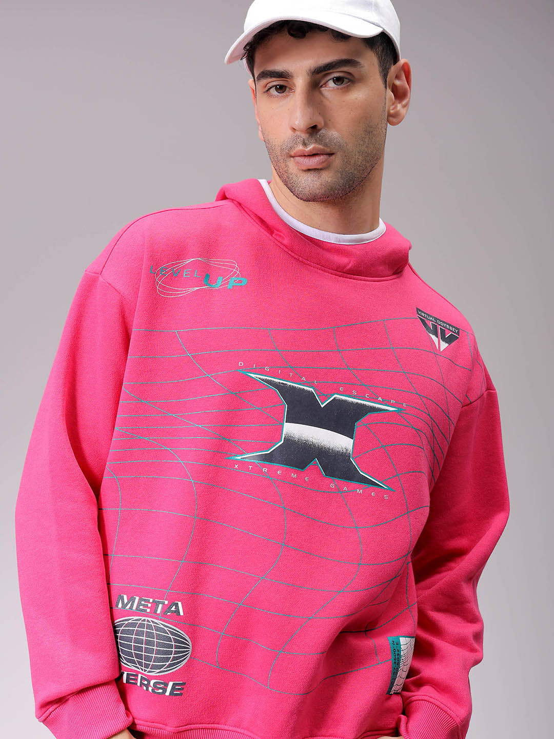 Men's Pink Relaxed Fit Placement Printed Overhead-Hooded Sweatshirt