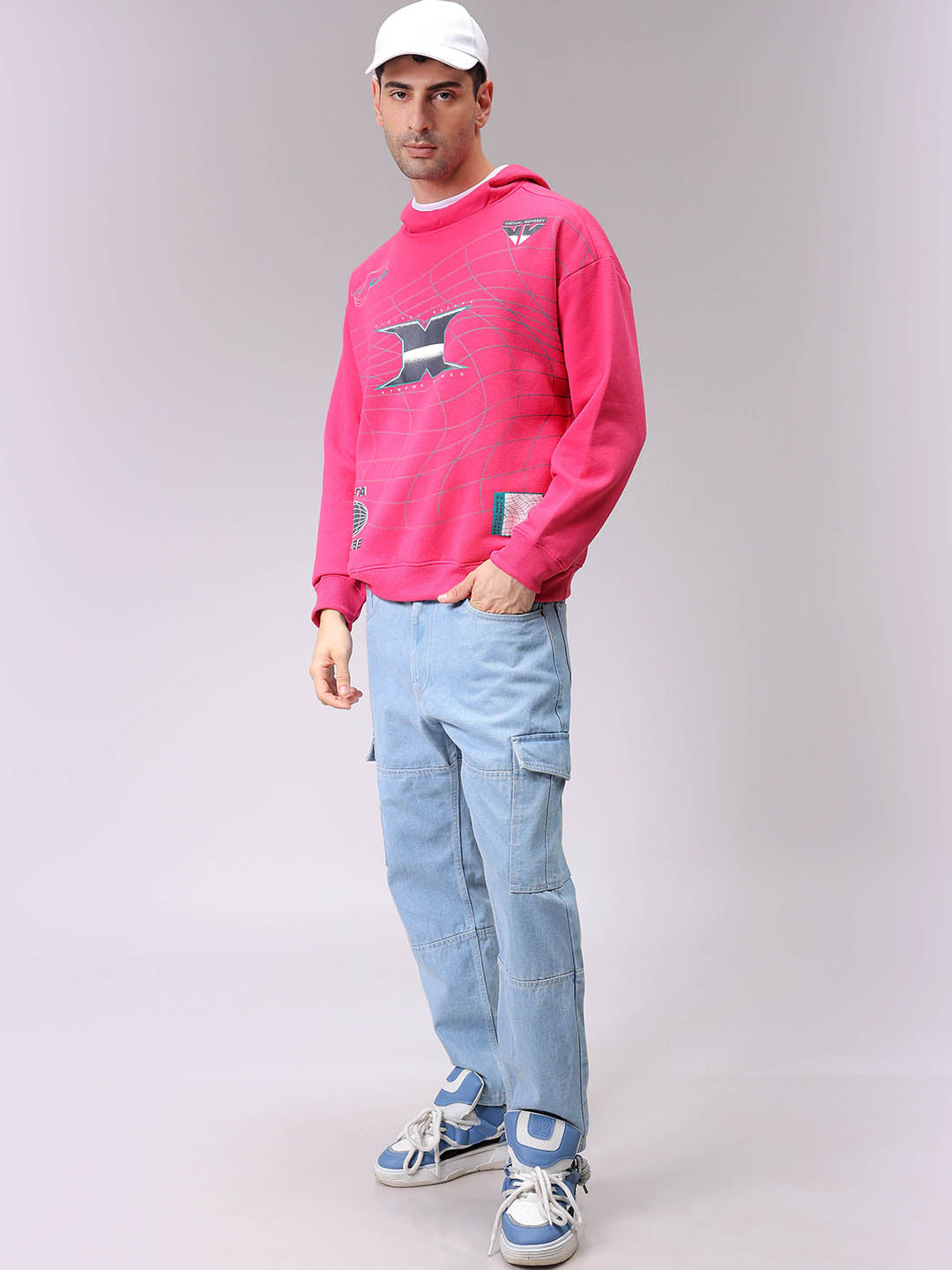 Men's Pink Relaxed Fit Placement Printed Overhead-Hooded Sweatshirt