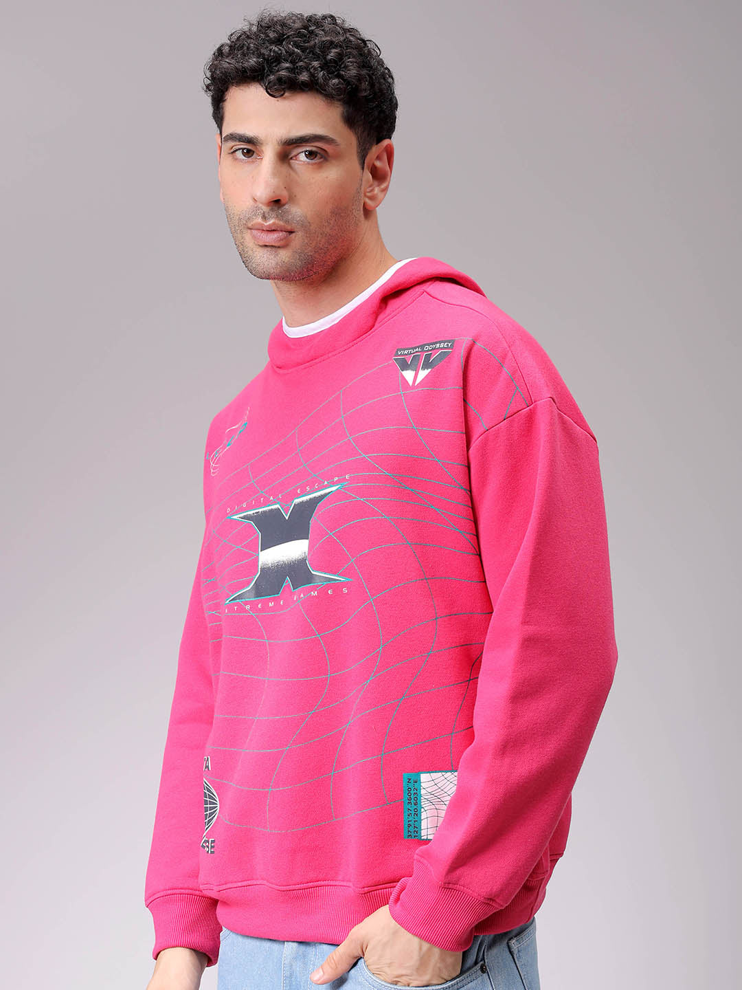 Men's Pink Relaxed Fit Placement Printed Overhead-Hooded Sweatshirt