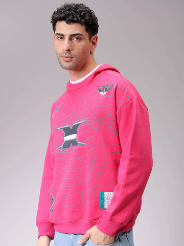 Men's Pink Relaxed Fit Placement Printed Overhead-Hooded Sweatshirt