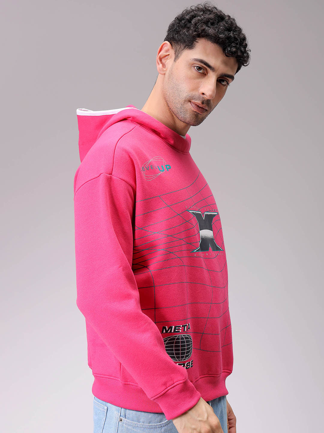 Men's Pink Relaxed Fit Placement Printed Overhead-Hooded Sweatshirt
