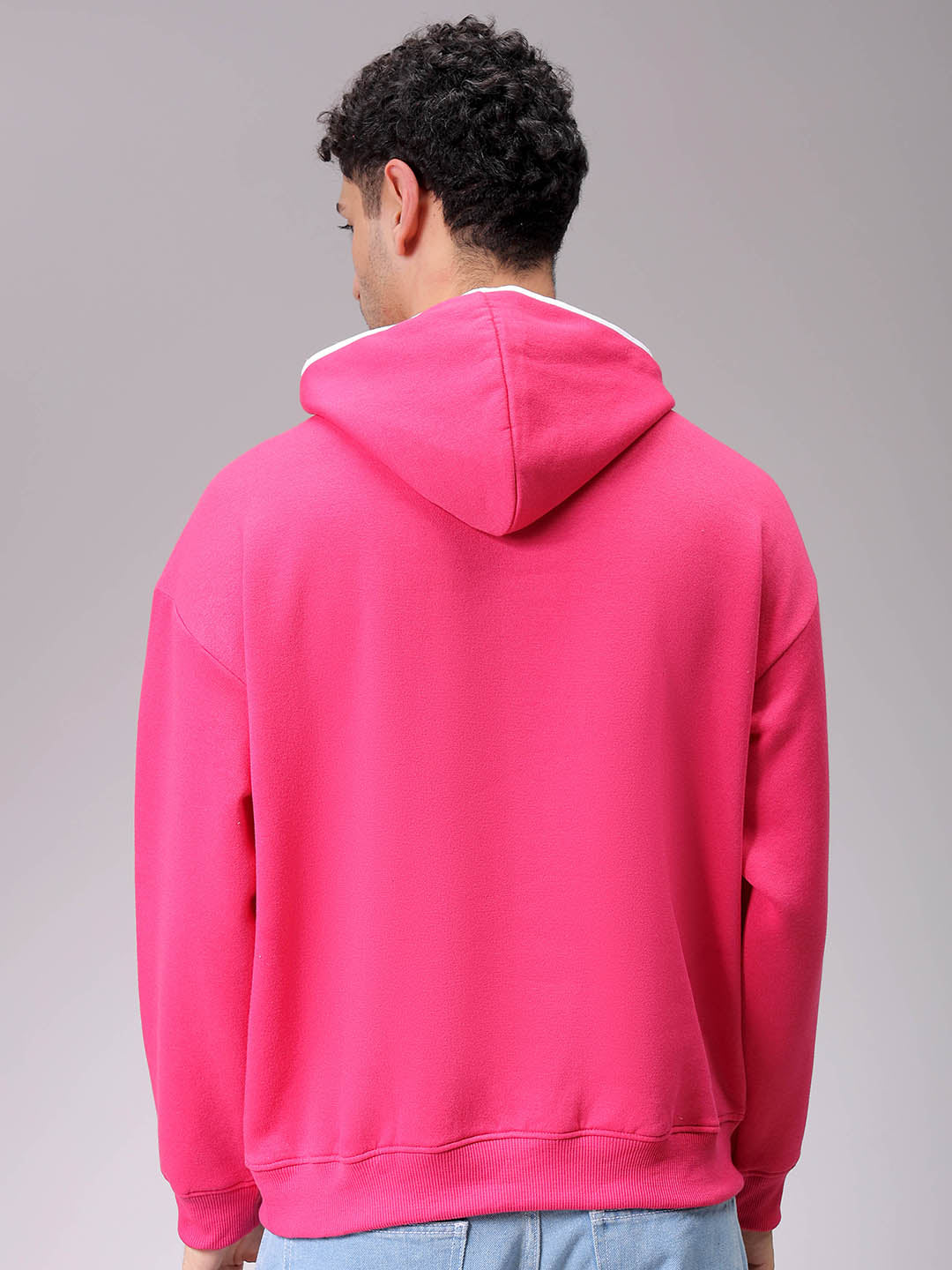 Men's Pink Relaxed Fit Placement Printed Overhead-Hooded Sweatshirt