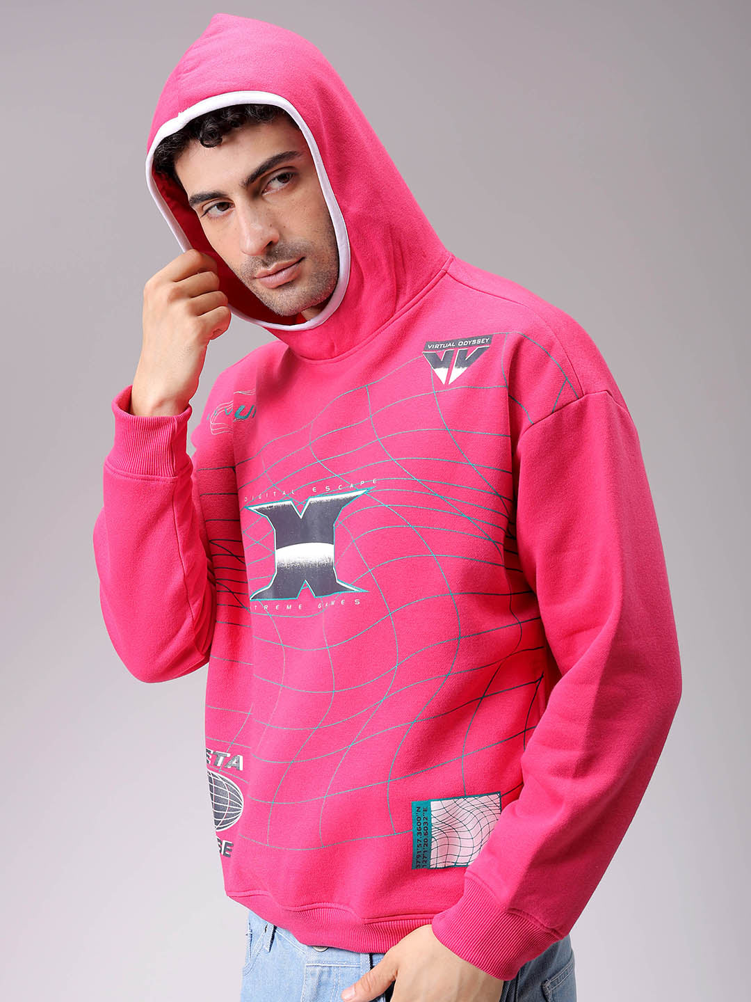 Men's Pink Relaxed Fit Placement Printed Overhead-Hooded Sweatshirt