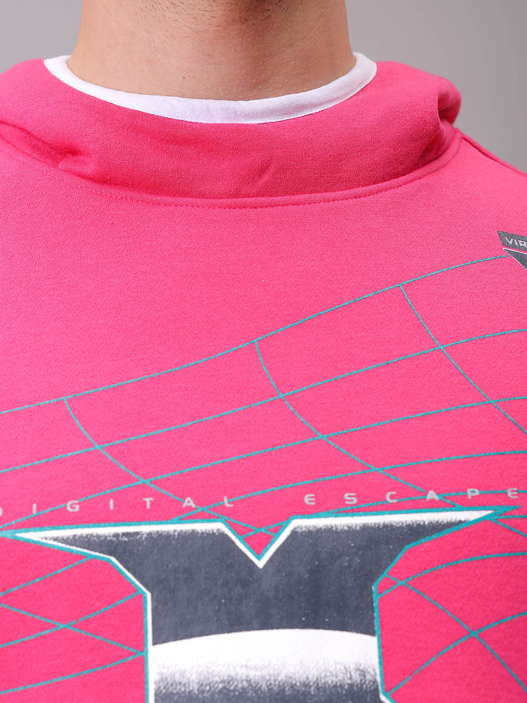 Men's Pink Relaxed Fit Placement Printed Overhead-Hooded Sweatshirt