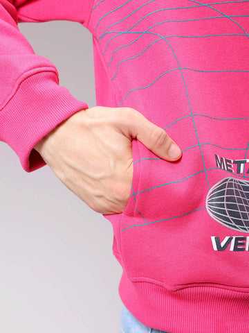 Men's Pink Relaxed Fit Placement Printed Overhead-Hooded Sweatshirt