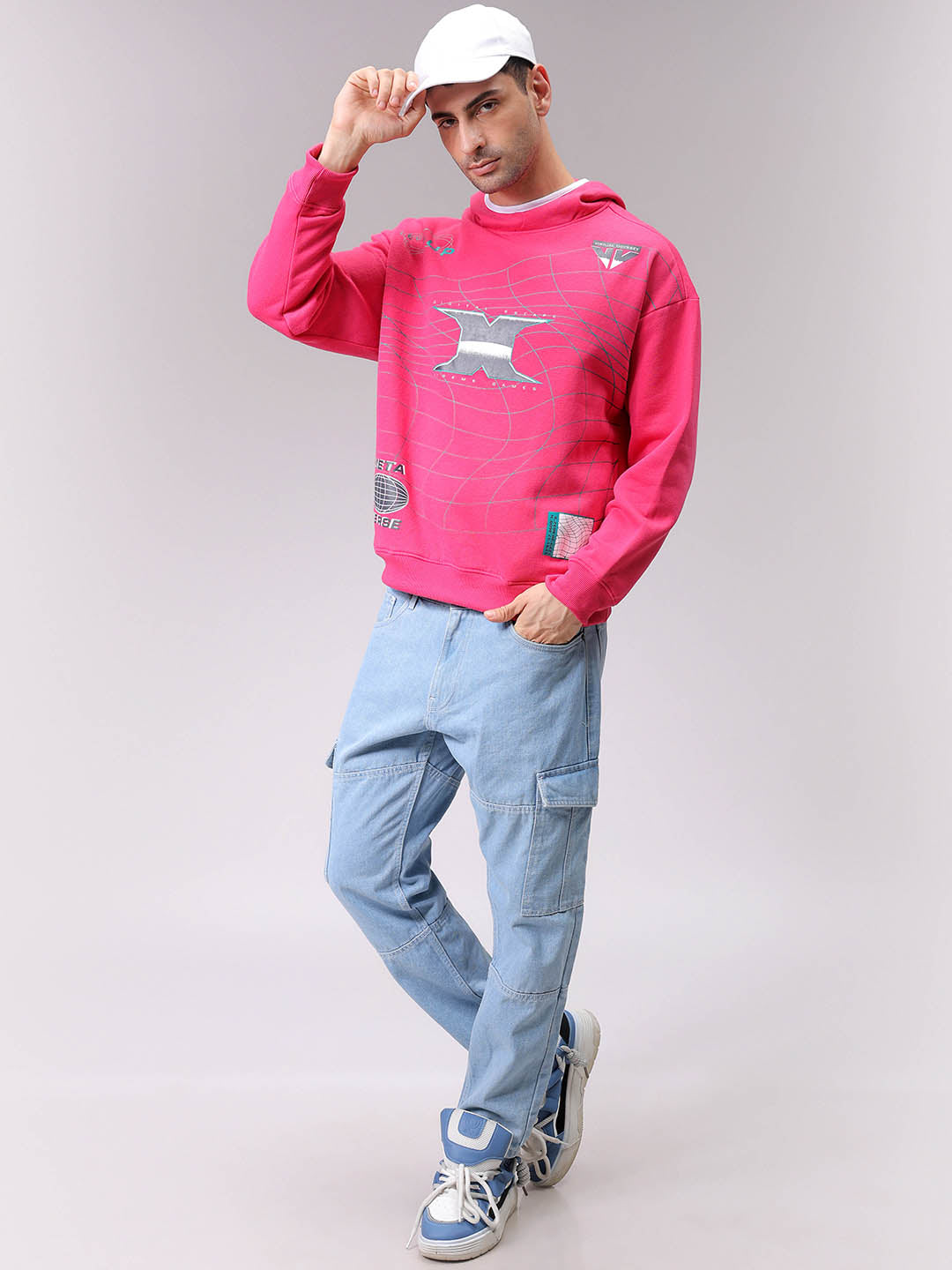 Men's Pink Relaxed Fit Placement Printed Overhead-Hooded Sweatshirt