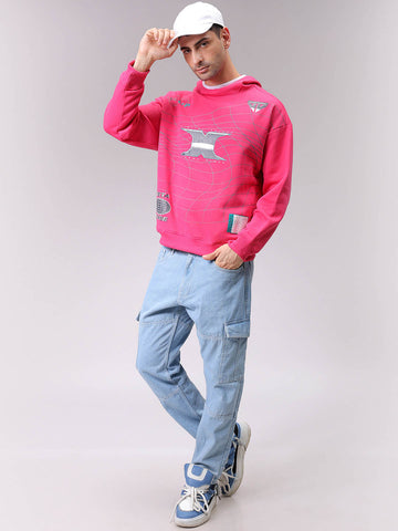 Men's Pink Relaxed Fit Placement Printed Overhead-Hooded Sweatshirt