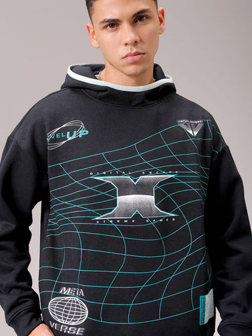 Men's Black Relaxed Fit Placement Printed Overhead Hooded Sweatshirt