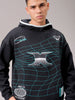 Men's Black Relaxed Fit Placement Printed Overhead Hooded Sweatshirt