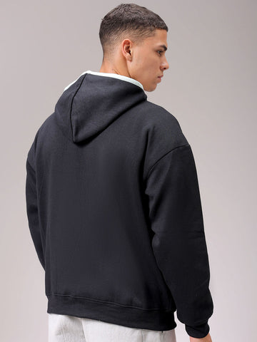 Men's Black Relaxed Fit Placement Printed Overhead Hooded Sweatshirt