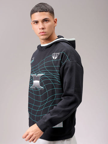 Men's Black Relaxed Fit Placement Printed Overhead Hooded Sweatshirt