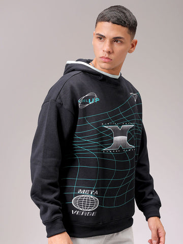 Men's Black Relaxed Fit Placement Printed Overhead Hooded Sweatshirt