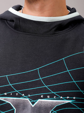 Men's Black Relaxed Fit Placement Printed Overhead Hooded Sweatshirt