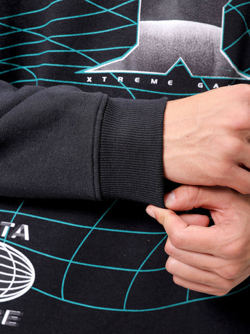 Men's Black Relaxed Fit Placement Printed Overhead Hooded Sweatshirt