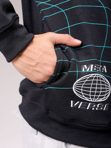 Men's Black Relaxed Fit Placement Printed Overhead Hooded Sweatshirt