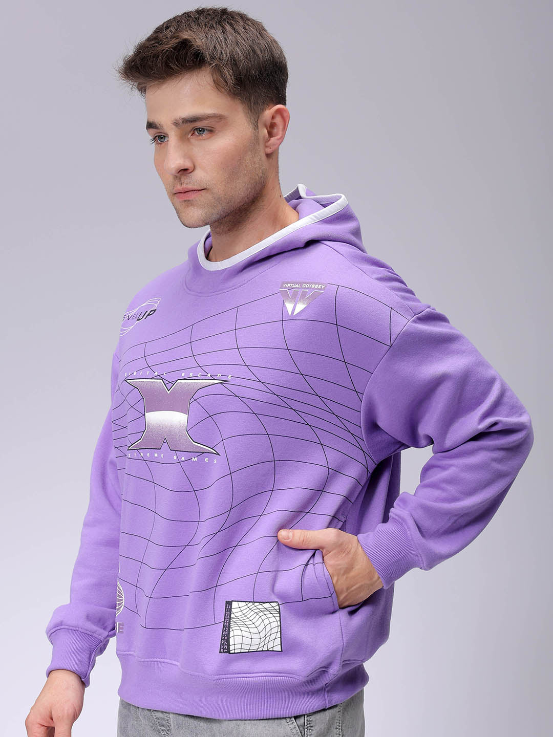 Men's Relaxed Fit Placement Printed Overhead Hooded Sweatshirt