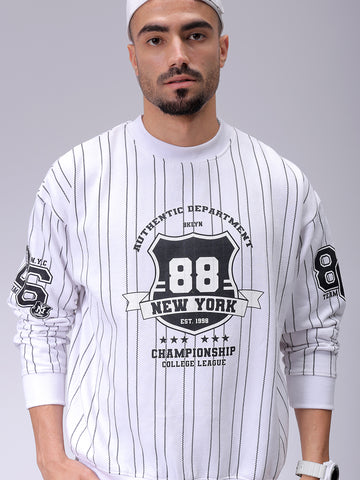 Men's White Relaxed Fit Striped Overhead-Crewneck Sweatshirt