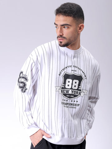 Men's White Relaxed Fit Striped Overhead-Crewneck Sweatshirt