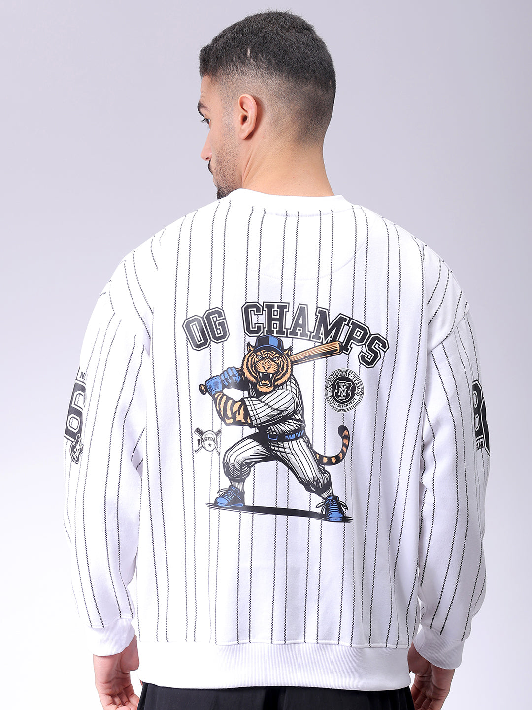 Men's White Relaxed Fit Striped Overhead-Crewneck Sweatshirt