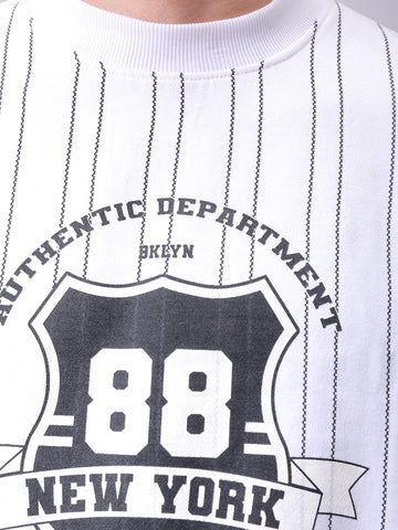 Men's White Relaxed Fit Striped Overhead-Crewneck Sweatshirt