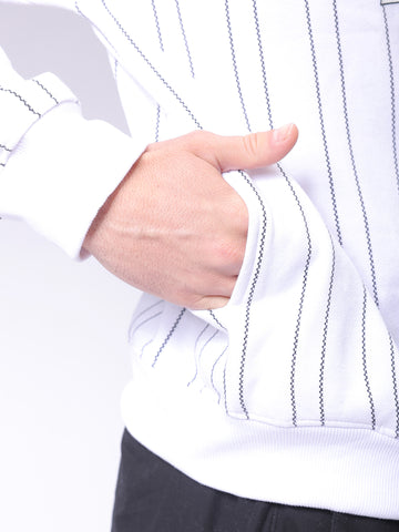 Men's White Relaxed Fit Striped Overhead-Crewneck Sweatshirt