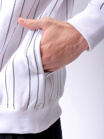 Men's White Relaxed Fit Striped Overhead-Crewneck Sweatshirt