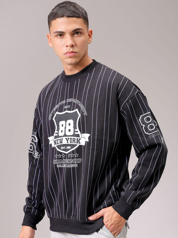 Men's Black Relaxed Fit Striped Overhead Crewneck Sweatshirt