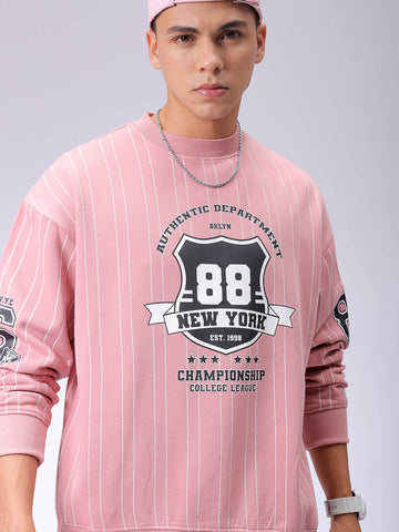 Men's Pink Relaxed Fit Striped Overhead-Crewneck Sweatshirt