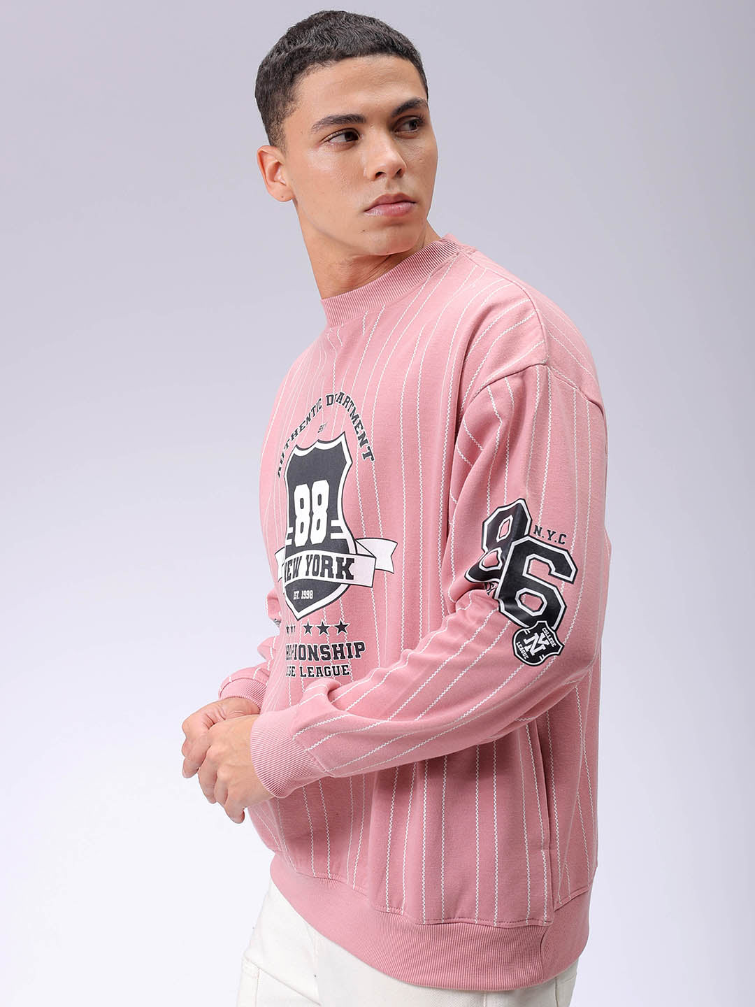 Men's Pink Relaxed Fit Striped Overhead-Crewneck Sweatshirt