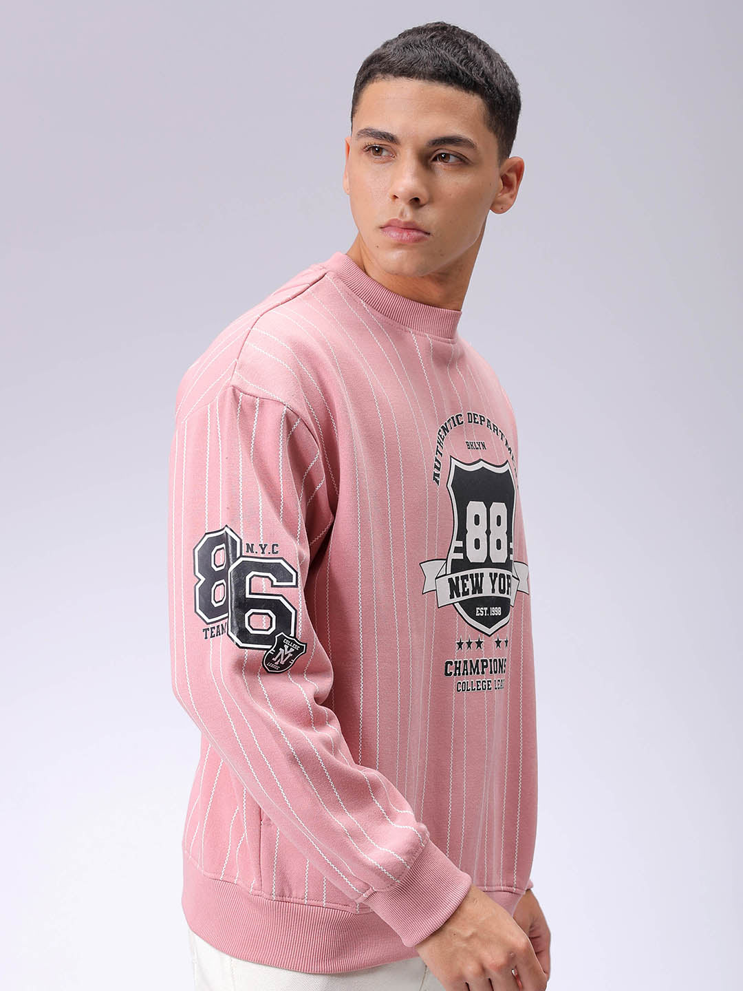 Men's Pink Relaxed Fit Striped Overhead-Crewneck Sweatshirt