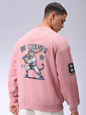 Men's Pink Relaxed Fit Striped Overhead-Crewneck Sweatshirt