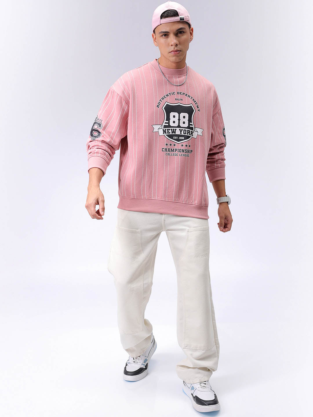 Men's Pink Relaxed Fit Striped Overhead-Crewneck Sweatshirt