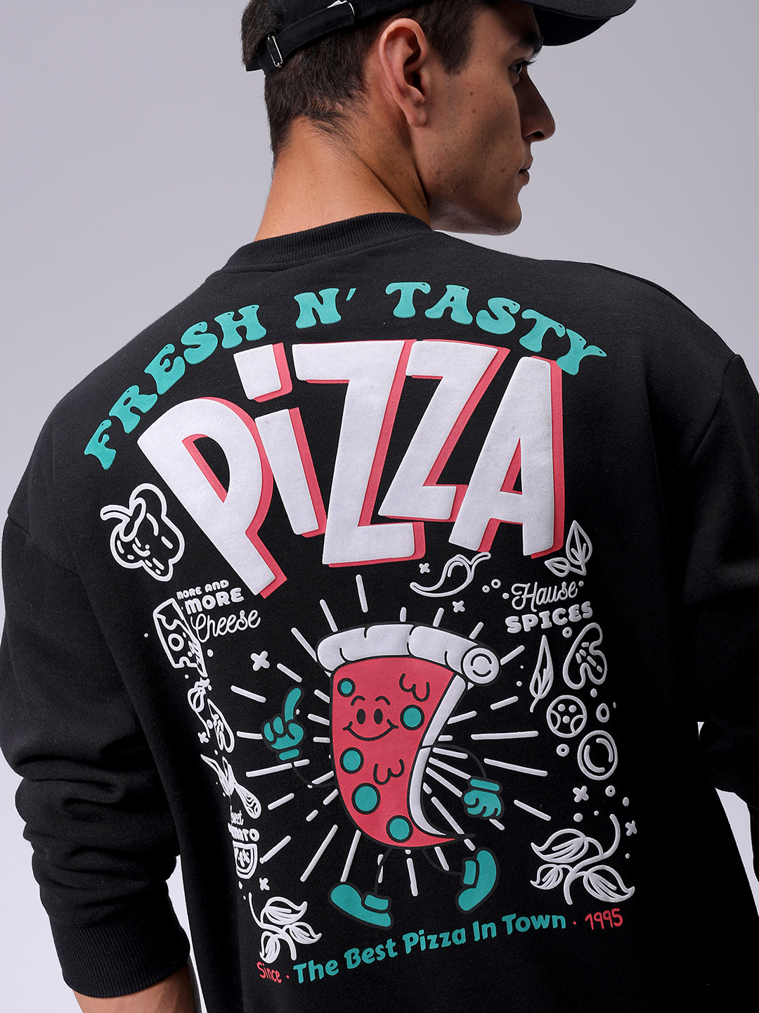 Men's Black Relaxed Fit Placement Printed Overhead-Crewneck Sweatshirt