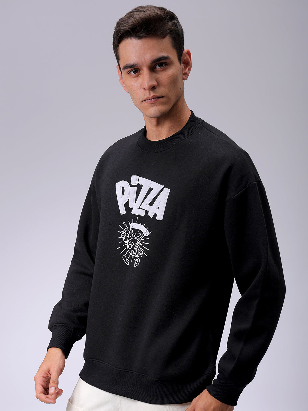 Men's Black Relaxed Fit Placement Printed Overhead-Crewneck Sweatshirt