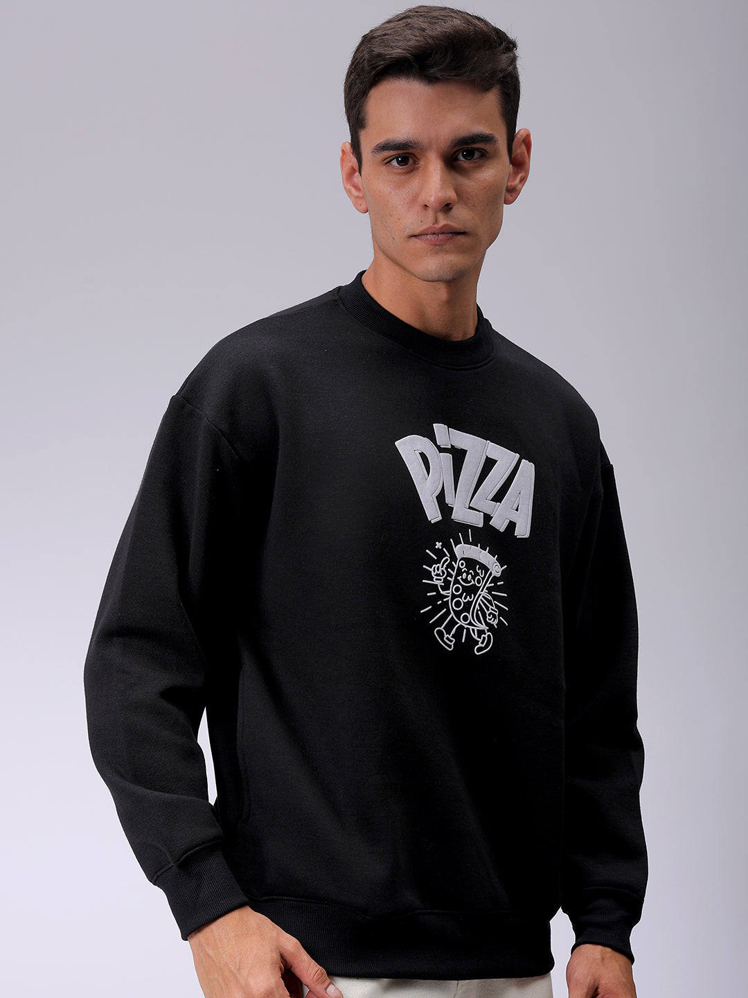 Men's Black Relaxed Fit Placement Printed Overhead-Crewneck Sweatshirt