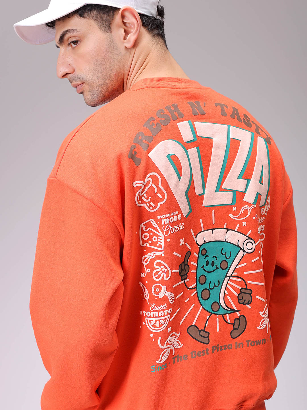Men's Orange Relaxed Fit Placement Printed Overhead-Crewneck Sweatshirt