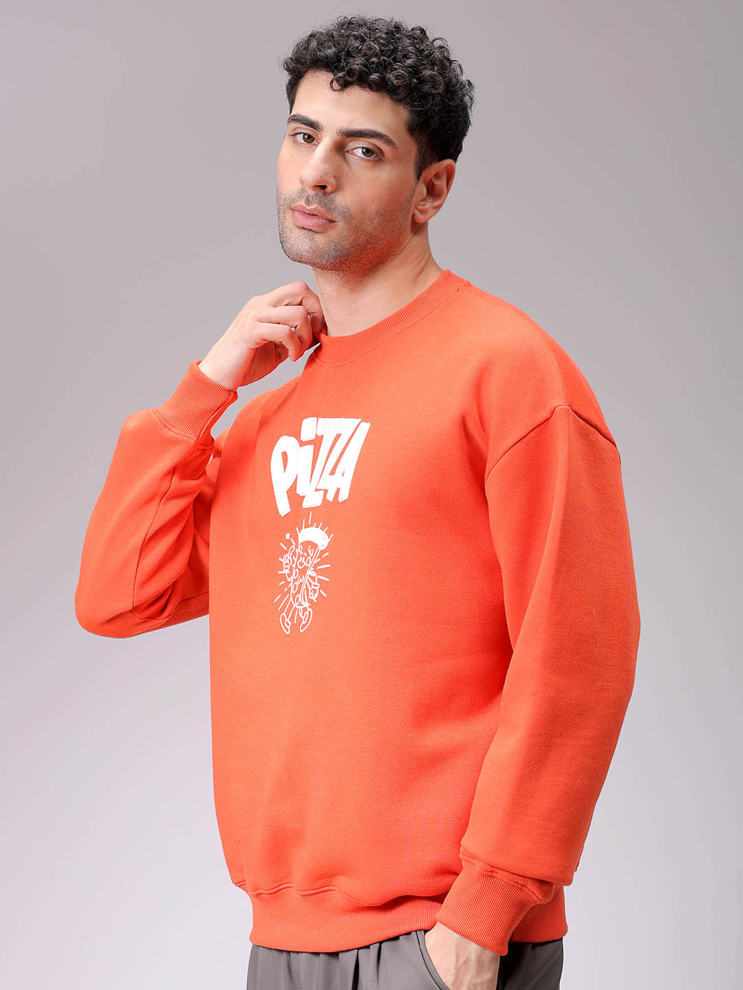 Men's Orange Relaxed Fit Placement Printed Overhead-Crewneck Sweatshirt