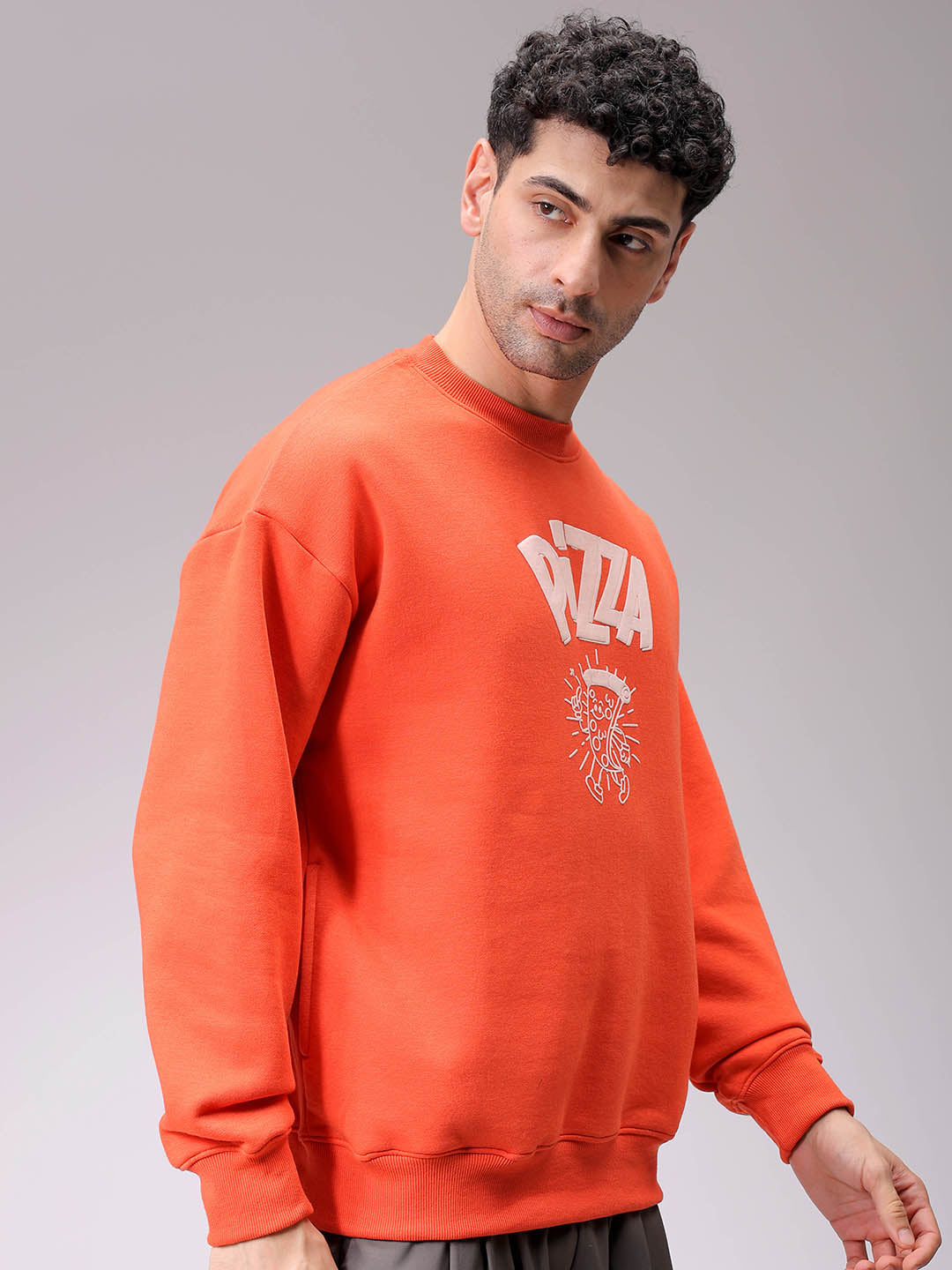 Men's Orange Relaxed Fit Placement Printed Overhead-Crewneck Sweatshirt