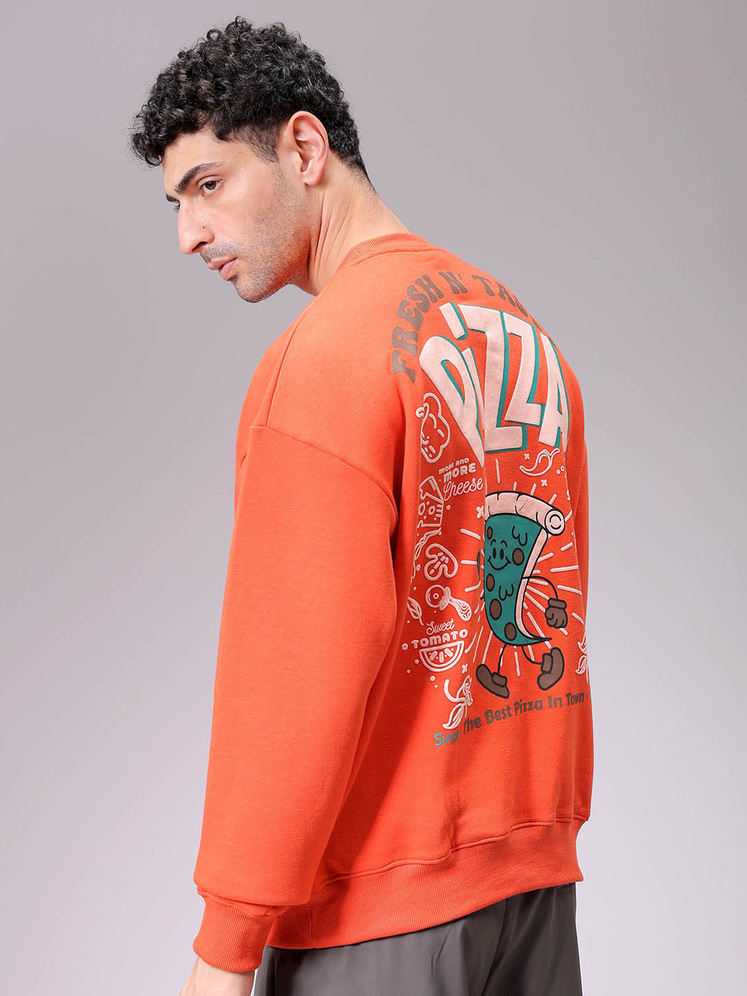 Men's Orange Relaxed Fit Placement Printed Overhead-Crewneck Sweatshirt
