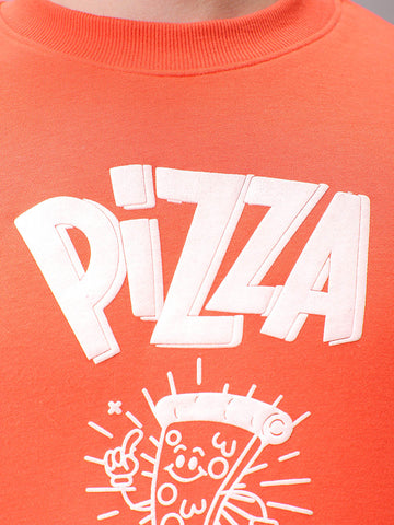 Men's Orange Relaxed Fit Placement Printed Overhead-Crewneck Sweatshirt