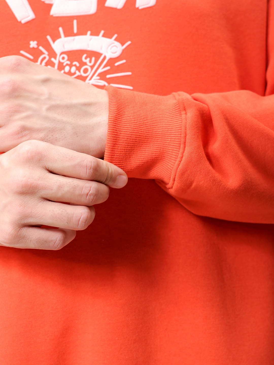 Men's Orange Relaxed Fit Placement Printed Overhead-Crewneck Sweatshirt