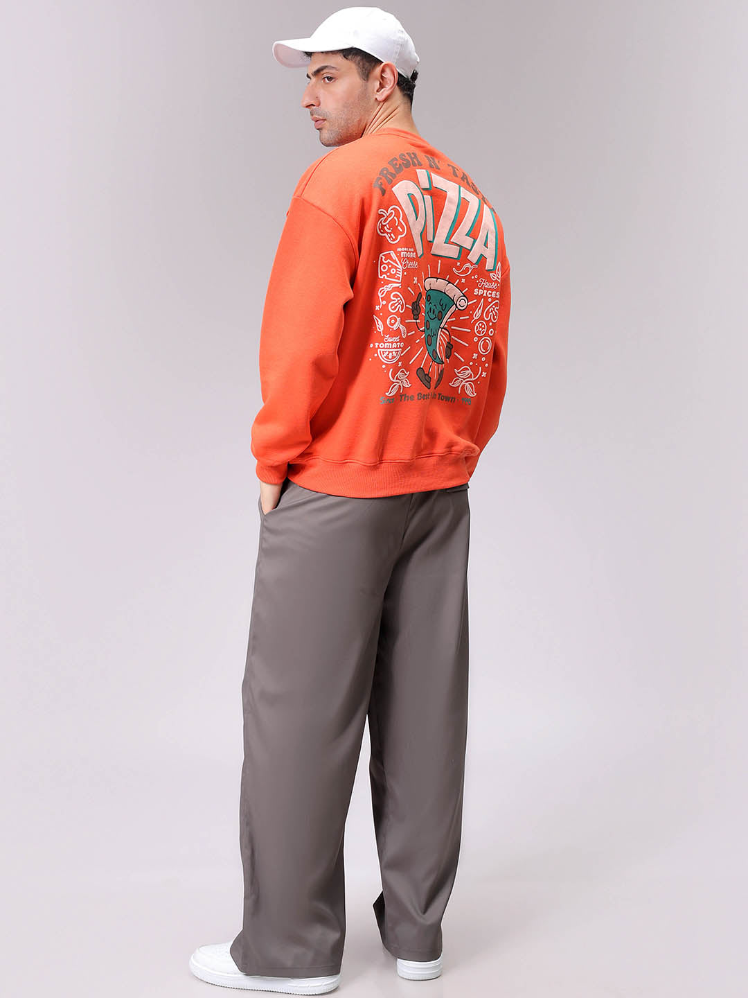 Men's Orange Relaxed Fit Placement Printed Overhead-Crewneck Sweatshirt