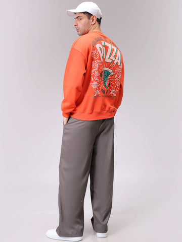 Men's Orange Relaxed Fit Placement Printed Overhead-Crewneck Sweatshirt